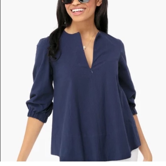 Tuckernuck Pomander Place Kieran Top Zip Seersucker Blouse Navy Blue Shirt Sz XS - Picture 1 of 15